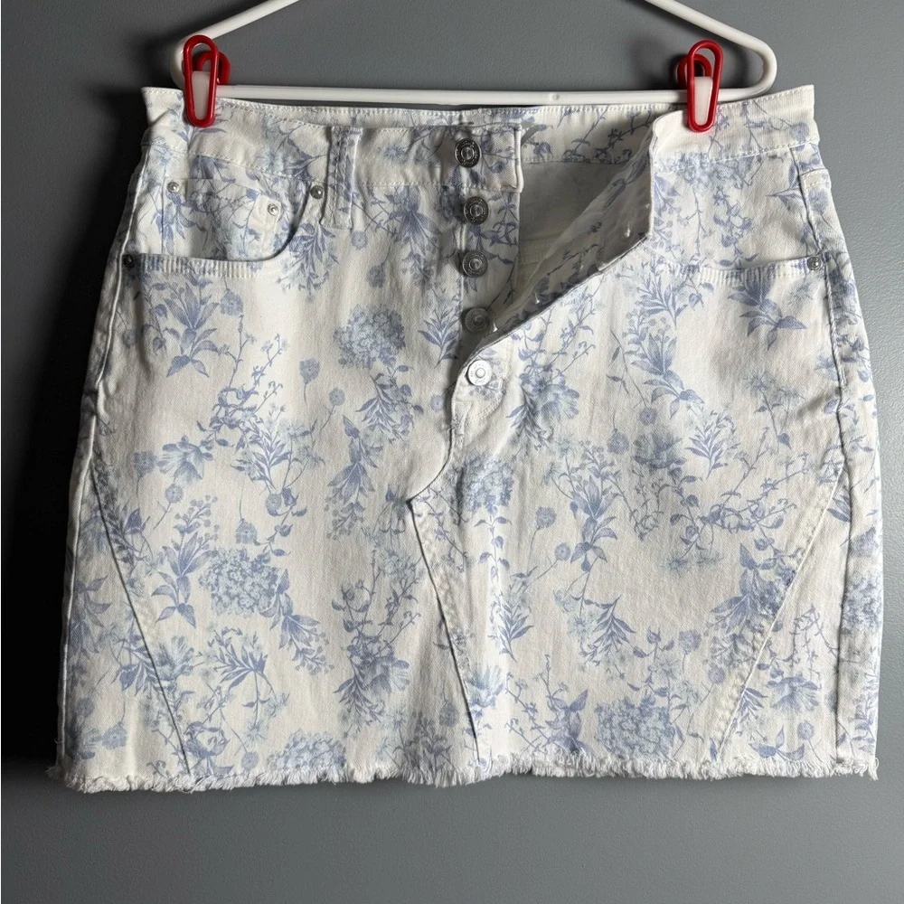 Seven7 Weekend Skirt Wht/Blue Denim Buttonfly Mini Womens Sz 12 NWOT